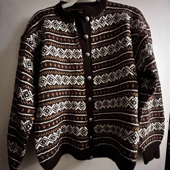 Nordic Patterned 100% Wool Button Up Sweater  Size M Vintage Knit Cardigan - Picture 3 of 5